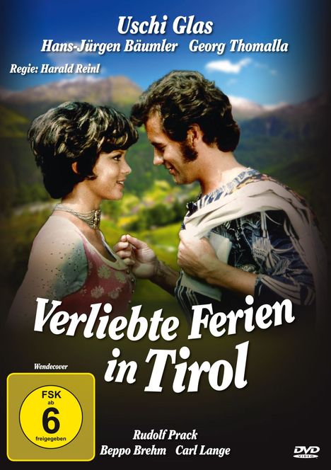 Titel: "Verliebte Ferien in Tirol". Zwei Personen blicken sich lächelnd an, vor Alpenhintergrund. FSK ab 6.
