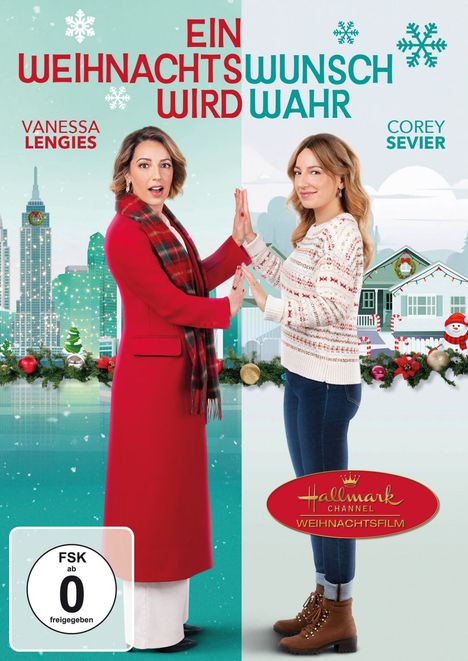 „Ein Weihnachtswunsch wird wahr“. Zwei Frauen in Winterkleidung stehen gegenüber und berühren sich mit den Händen.