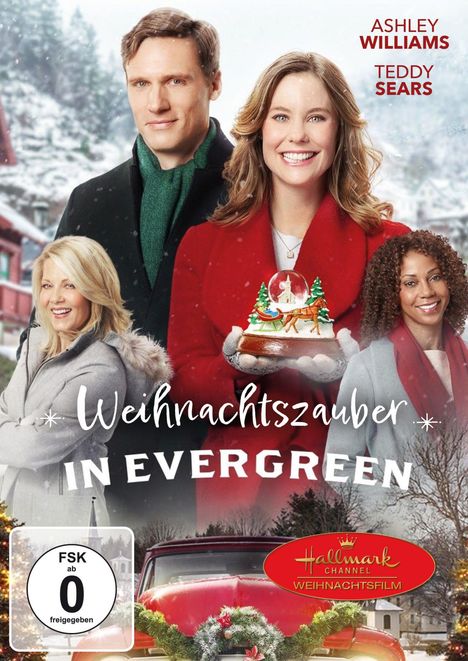 Oben steht: ASHLEY WILLIAMS, TEDDY SEARS. 
Titel: Weihnachtszauber in Evergreen. 
Rote Winterjacken, Schneelandschaft.