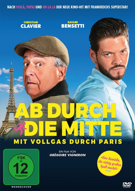 Text: "AB DURCH DIE MITTE", "MIT VOLLGAS DURCH PARIS". Zwei Männer, einer mit Baskenmütze und Eiffel-Turm im Hintergrund.