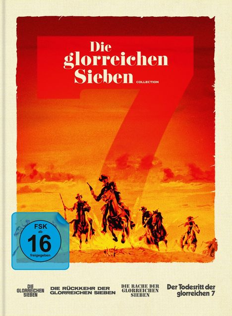 "Die glorreichen Sieben", FSK ab 16, Reiter in Westernstil, roter Hintergrund.