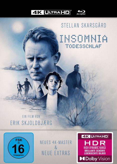 "Stellan Skarsgård, Insomnia: Todesschlaf. Ein Film von Erik Skjoldbjærg. FSK 16, Neues 4K-Master & neue Extras." 
Illustration von Gesichtern.