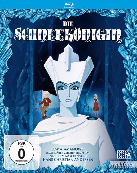 "DIE SCHNEEKÖNIGIN" in dekorativer Schrift, Illustration einer Schneekönigin im Vordergrund, Kinderfigur im Hintergrund.