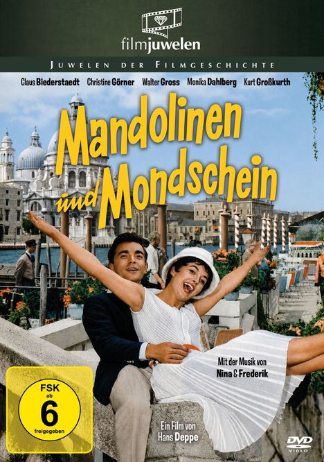"Mandolinen und Mondschein", freigegeben ab 6 Jahren. Ein Paar lacht auf einer Brücke vor venezianischem Hintergrund.