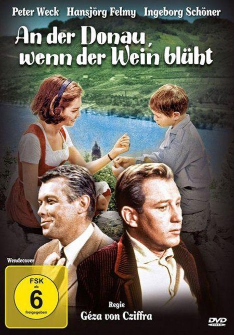 „An der Donau, wenn der Wein blüht“ steht oben. Im Vordergrund sind drei Personen, dahinter eine malerische Landschaft.