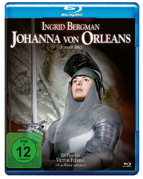„Ingrid Bergman Johanna von Orleans (Joan of Arc). Ein Film von Victor Fleming.“ Frau in Rüstung mit Schwert.