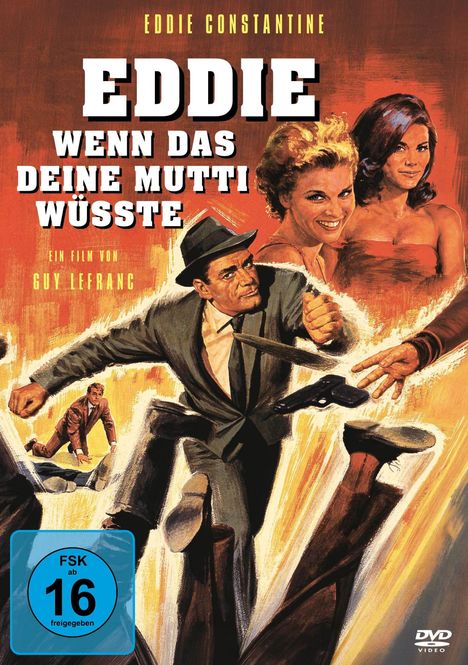 Filmplakat zu "Eddie Wenn das deine Mutti wüsste". Illustration von zwei Frauen und einem Mann in actionreicher Szene.