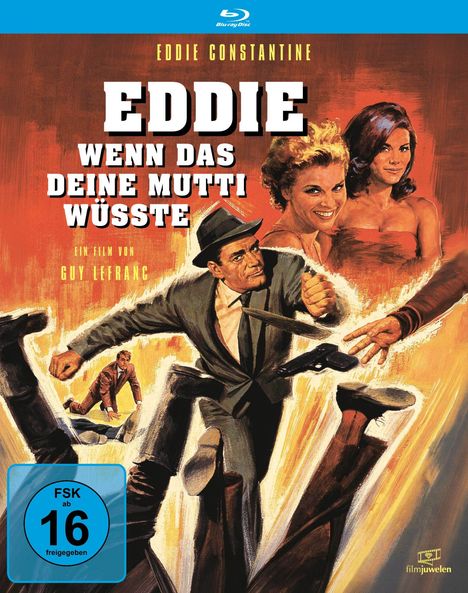 Text: "Eddie Wenn das deine Mutti wüsste", "Ein Film von Guy Lefranc", FSK 16. Illustration mit zwei Frauen und einem Mann in Bewegung.