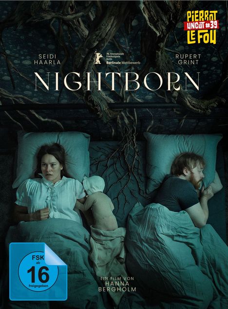 "Nightborn" in großen Buchstaben, Film von Hanna Bergholm. Zwei Menschen und ein Baby liegen in einem Bett, von Wurzeln umgeben.