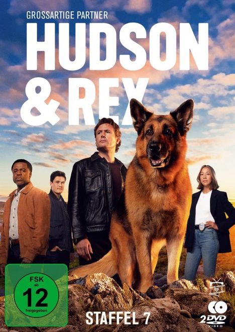 Text: "Großartige Partner: Hudson & Rex, Staffel 7, FSK ab 12 freigegeben". Illustration zeigt einen Schäferhund und vier Personen.