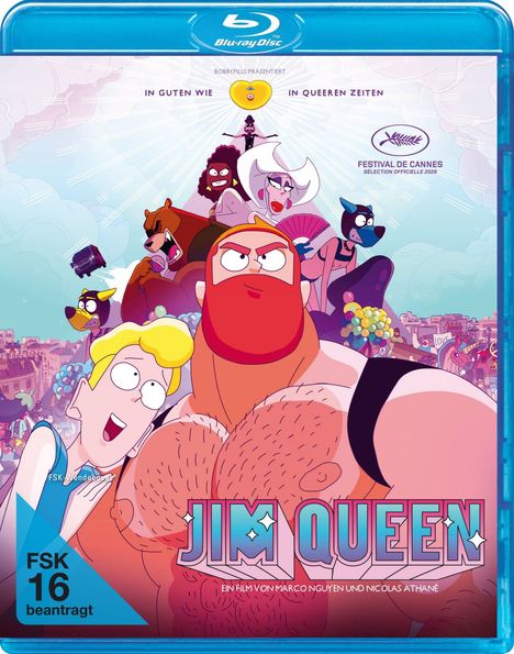 Illustration mit dem Titel "Jim Queen", zeigt bunte Cartoon-Figuren, darunter eine muskulöse Person und humorvolle Elemente.