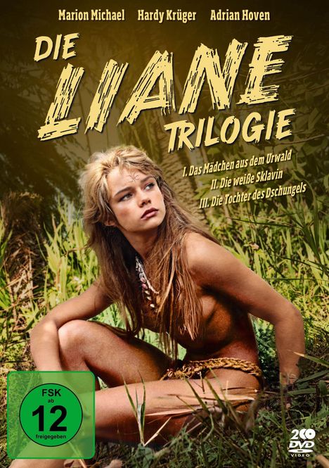 Oben steht: "DIE LIANE TRILOGIE". Darunter Filmtitel. Eine Frau kniet im Gras, trägt Naturmaterialien. FSK 12 Logo.