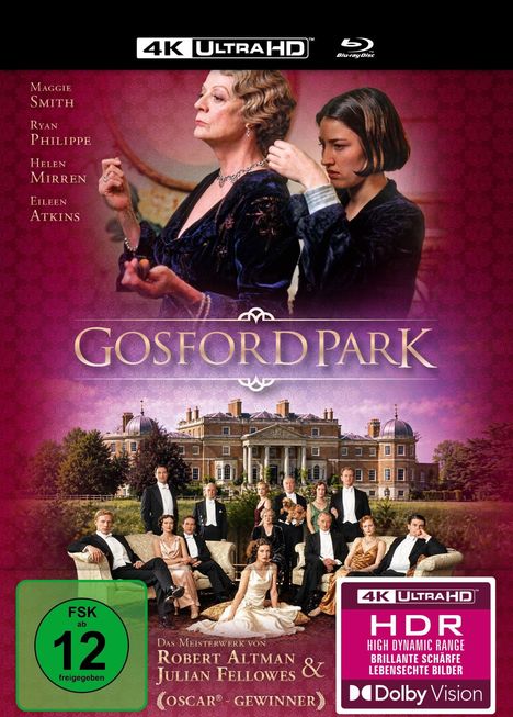 „Gosford Park“ in großer Schrift über einem Herrenhaus. Menschen in eleganter Kleidung. FSK 12. 4K Ultra HD, HDR.
