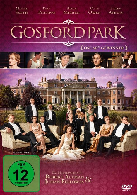 „Gosford Park“, Oscar-Gewinner, FSK 12. Historische Villa, elegante Menschen in Abendgarderobe vor einem Herrenhaus.