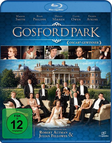 „Gosford Park“ Blu-ray-Cover mit Oscar®-Gewinner, Schauspielernamen, FSK 12. Gruppenfoto von Figuren vor Herrenhaus.