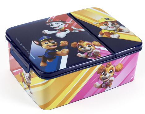 Illustration von fröhlichen, animierten Hunden in bunten Uniformen auf einer Metallbox.