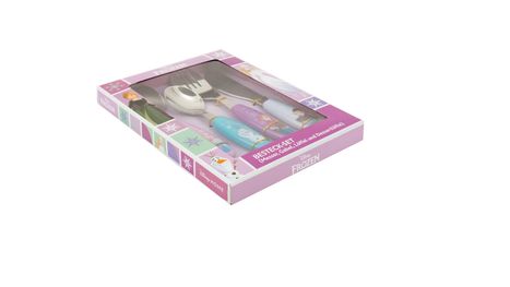 Text: "BESTECK-SET (Messer, Gabel, Löffel und Dessertlöffel)". Eine Verpackung mit Kinderbesteck und "Frozen"-Design.