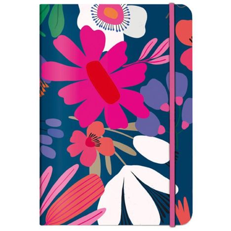 Ich sehe keinen Text. Eine Illustration mit bunten Blumen in Rosa, Lila und Weiß auf dunklem Hintergrund und einem pinken Band.