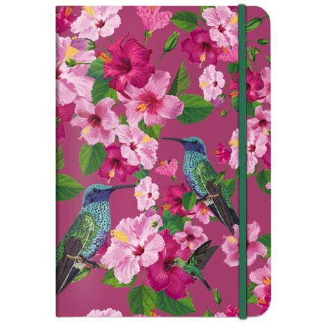 Illustration mit bunten Kolibris und rosa Hibiskusblüten auf einem violetten Hintergrund.
