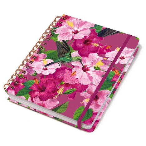 Blumenmuster mit rosa und pinken Hibiskusblüten, Kolibri und grünem Blattwerk auf Spiralblock.