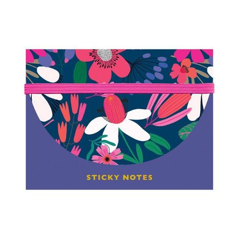 Text "STICKY NOTES" in Gelb, Illustration mit bunten Blumen und einem pinken Gummiband auf blauem Hintergrund.