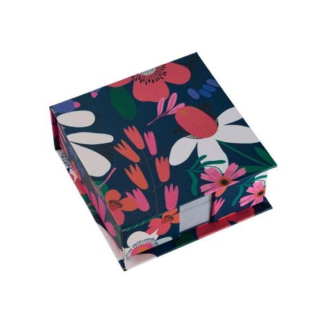 Keine Texte vorhanden. Eine quadratische Box mit farbenfrohem Blumenmuster in Rot, Rosa, Weiß und Grün.