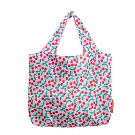 Mehrfarbige Tragetasche mit Kirschmuster auf hellem Hintergrund, verstärktem Henkel.