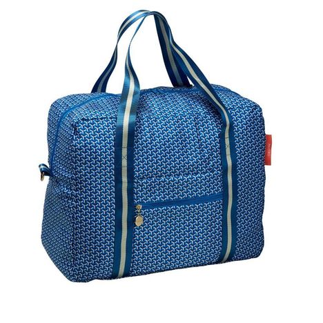 Hellblauer Stoffbeutel mit weißem geometrischem Muster und zwei Tragegriffen. Zipptasche an Vorderseite.