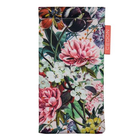 Text: "CEDON". Ein Etui mit farbenfrohem Blumenmuster, dominiert von großen, pinken Blüten und grünen Blättern.