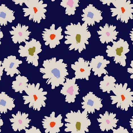 Illustration mit weißen Blumen auf dunkelblauem Hintergrund; bunte Farbtupfer in der Mitte der Blumen.