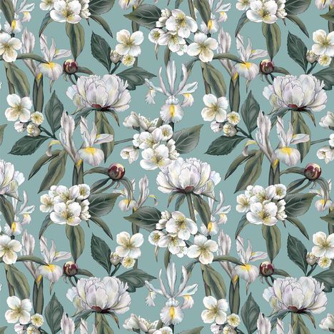 Illustration: Ein Muster aus weißen Blumen und grünen Blättern auf hellblauem Hintergrund.