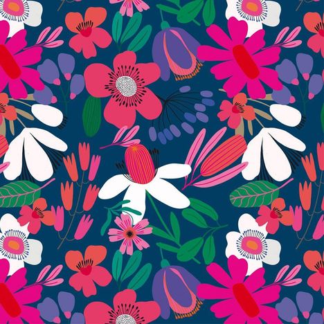 Illustration lebendiger Blumen in kräftigen Farben wie Pink, Weiß und Lila auf dunkelblauem Hintergrund.