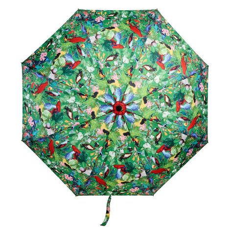 Papageien-Schirm mit lebendigem Dschungel-Muster in Grün, Rot und Blau. Bunte Vögel und Blätter zieren das Design.