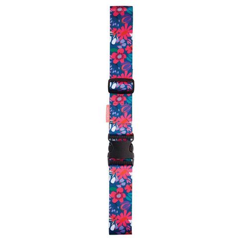 Text: "gedon". Kofferband mit buntem Blumenmuster in Pink, Lila und Blau. Kunststoffschnalle und pinkes Textilschild.