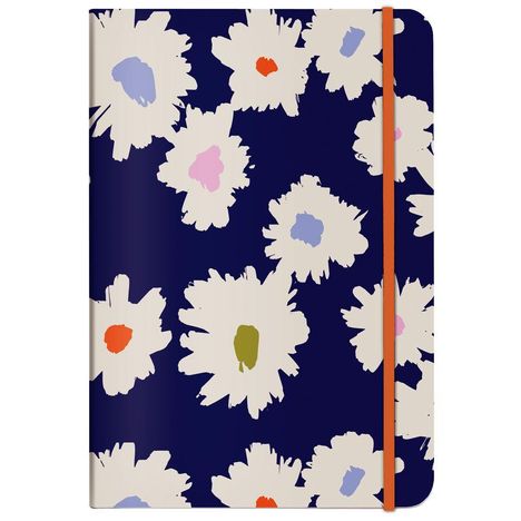 Keine erkennbaren Texte. Cover mit weißen Blumen auf dunkelblauem Hintergrund, orange Gummiband.