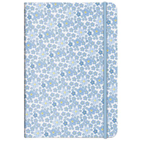 Ein Notizbuch mit blauen und gelben Blumenmuster, Gummiband an der rechten Seite.