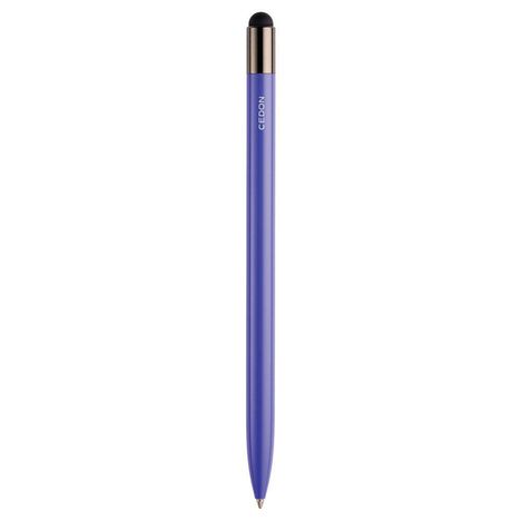 Ein blauer CEDON-Stift mit schwarzer Spitze und goldfarbenem Akzent.