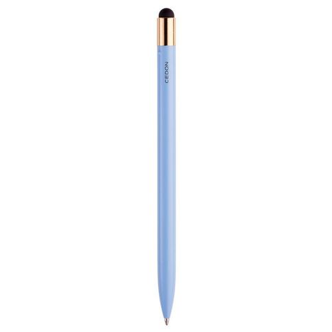 Text "CEDON", ein hellblauer Stift mit goldener Kappe und schwarzem oberen Ende, vermutlich ein Touchpen.