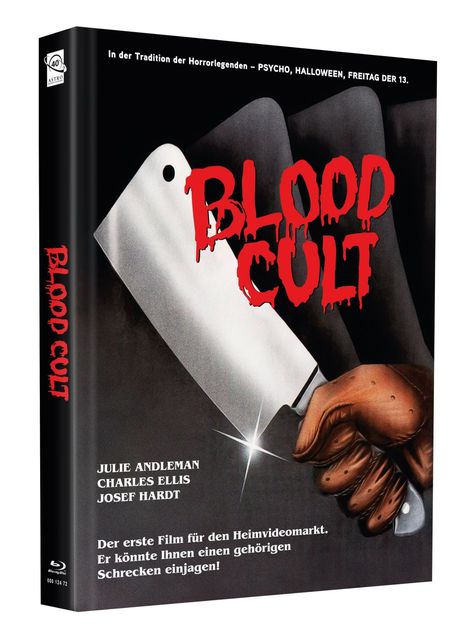 "Blood Cult" in blutroter Schrift, große Fleischerbeil-Illustration. Namen: Julie Andleman, Charles Ellis, Josef Hardt.