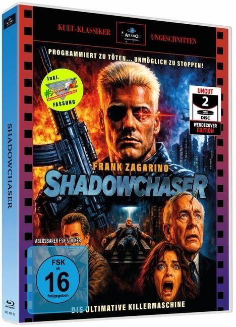 Texte: "KULT-KLASSIKER", "UNGESCHNITTEN", "Frank Zagarino", "SHADOWCHASER", "Die ultimative Killermaschine". Illustration: Ein Cyborg mit Gewehr.