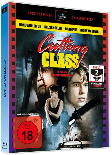 "Kult-Klassiker Uncut", "Cutting Class". Bild: Junge mit blutendem Gesicht, Frau in schwarzem Top, Messer, VHS-Kassetten.