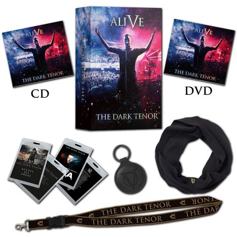 The Dark Tenor: Alive - 5 Years Jubiläums Box (Limited Edition), 1 CD, 1 DVD und 2 Merchandise