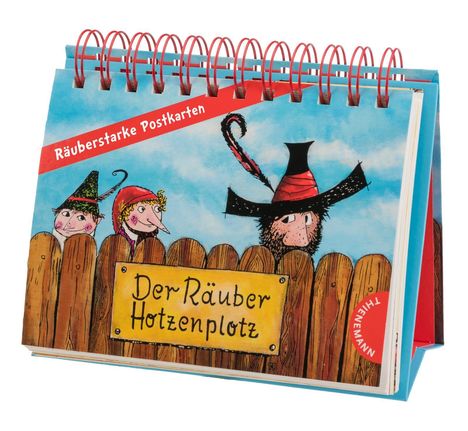 „Räuberstarke Postkarten“, „Der Räuber Hotzenplotz“. Illustration von drei Figuren hinter einem Holzzaun. Spiralbindung oben.