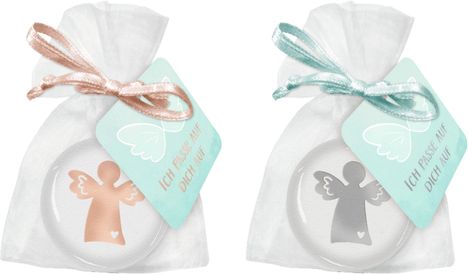 "Ich passe auf dich auf." Zwei Organza-Säckchen mit Engel-Illustrationen, rosa und mintgrün.