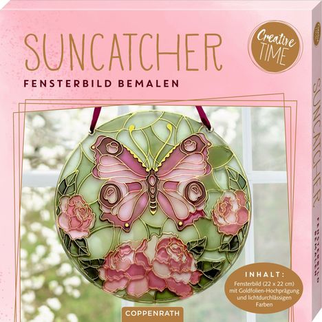 "SUNCATCHER - FENSTERBILD BEMALEN. Creative TIME. Ein rundes Fensterbild mit Schmetterling und Blumenmotiv in Rosa und Gold."