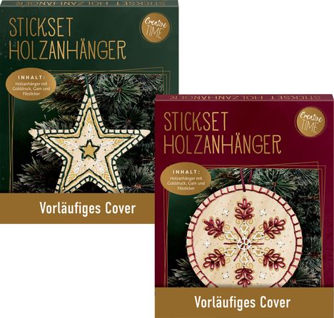 „Stickset Holzhänger“ und „Vorläufiges Cover“. Zwei Verpackungen mit weihnachtlichen Holzanhängern, Stern und Schneekristall.