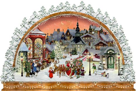 Illustration: Winterliches Dorf, Weihnachtsmann mit Rentieren und Kindern, Schnee, Gebäude, Tannenbäume.