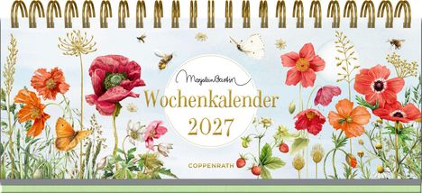 "Marjolein Bastin Wochenkalender 2027" steht zentral. Blumen, Schmetterlinge und Bienen umgeben den Titel. Spiralbindung oben.
