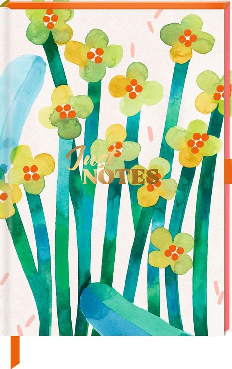 Text "Just NOTES". Illustration von gelben und grünen Blumen mit orangefarbenen Blütenstempeln auf blau-grünen Stängeln.