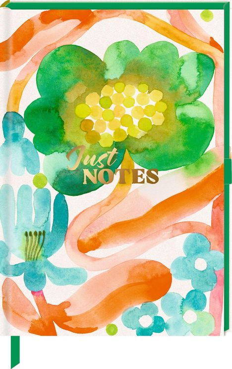 "Just NOTES" in einem warmen, goldenen Schriftzug auf einem Aquarell-Hintergrund mit bunten Blumen und organischen Formen.